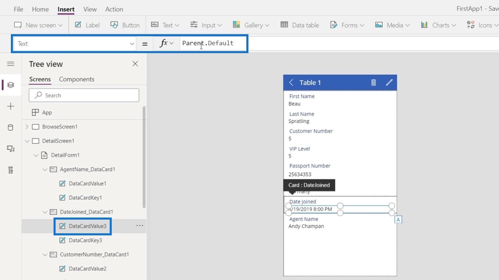 PowerApps 數據卡和屬性分配