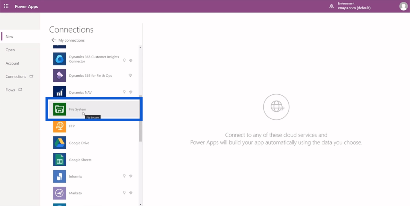 Configuração do ambiente do Power Apps: conectar-se ao OneDrive e ao Google Drive
