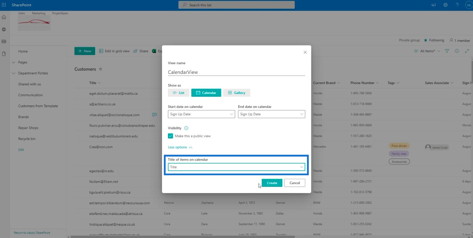 La vue du calendrier de la liste SharePoint