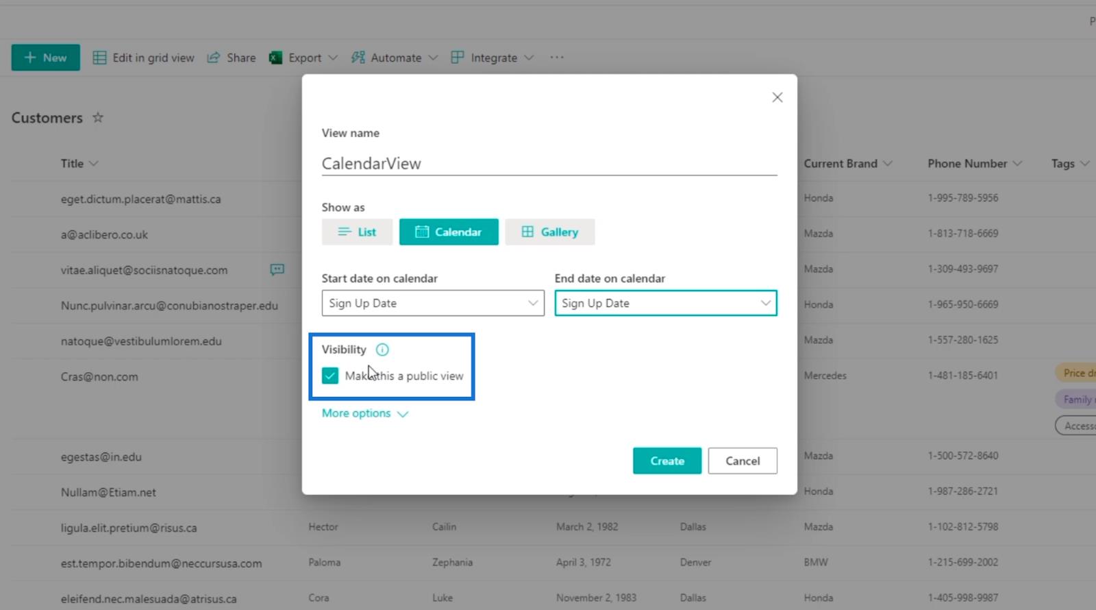 La vue du calendrier de la liste SharePoint