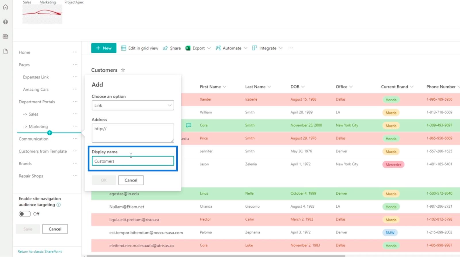 Ajout de la navigation de liste SharePoint