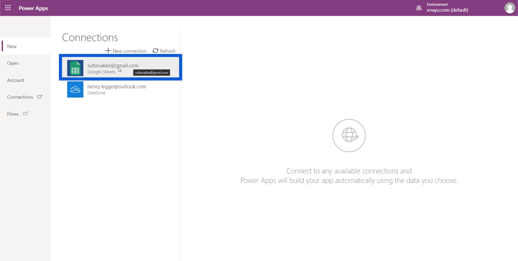 Configuração do ambiente do Power Apps: conectar-se ao OneDrive e ao Google Drive