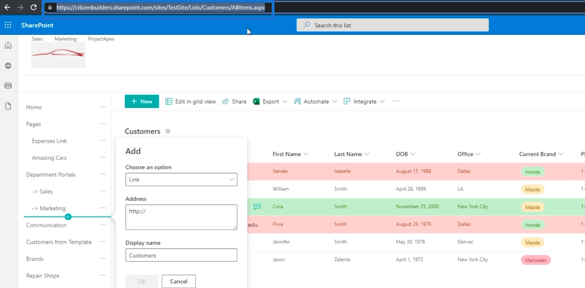 Ajout de la navigation de liste SharePoint