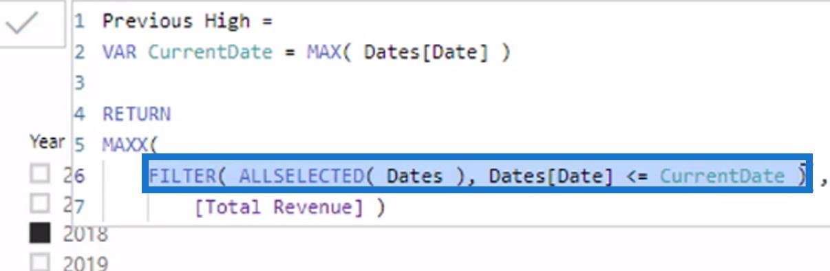 Calcul dynamique du résultat le plus élevé précédent à l'aide des fonctions DAX