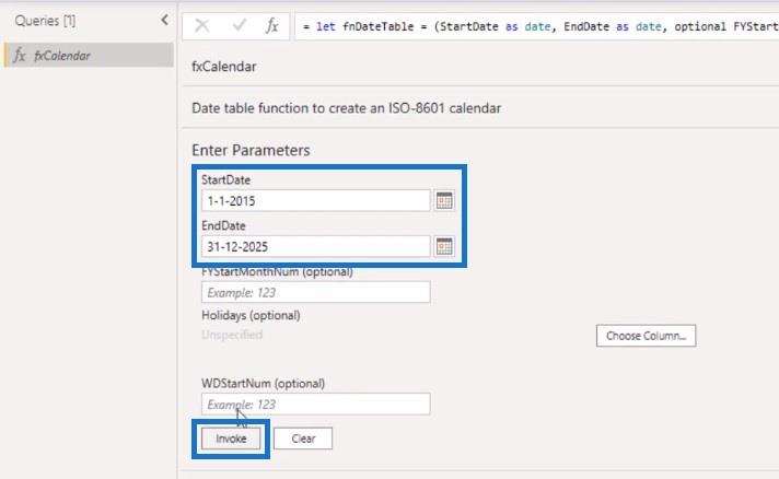 Table de dates étendue Fonction Power Query M