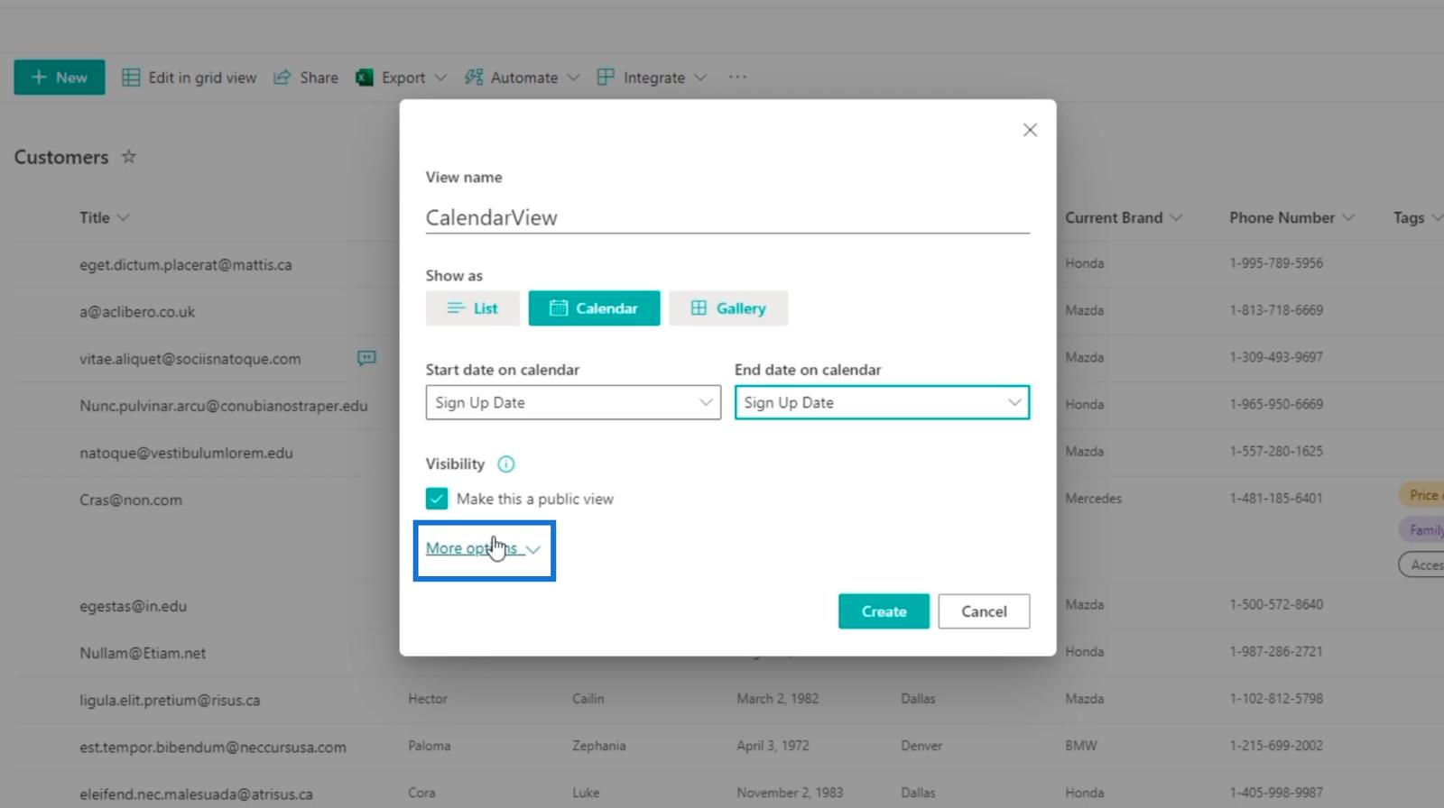 La vue du calendrier de la liste SharePoint