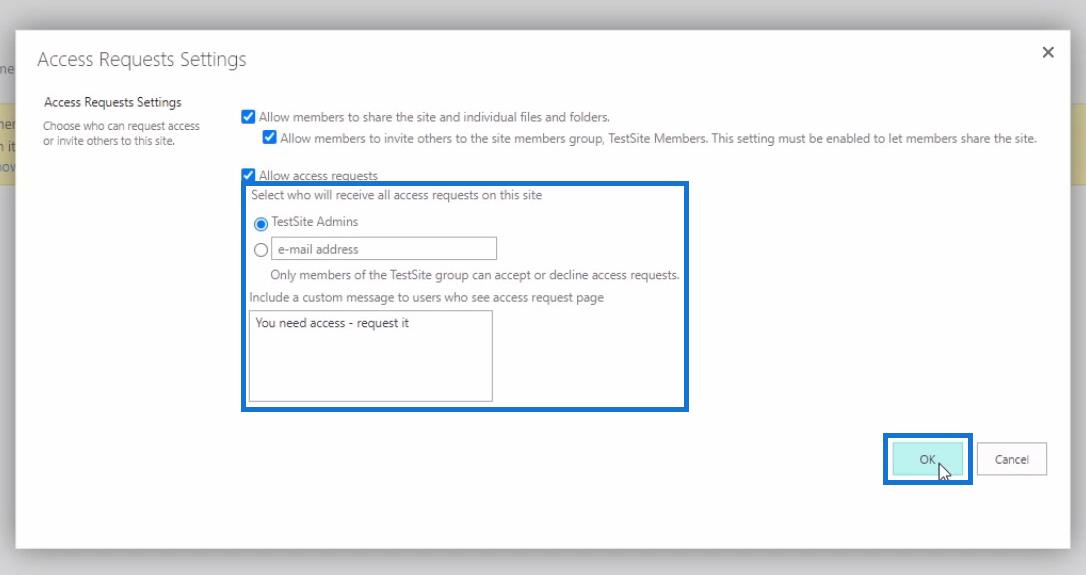 Personnalisation de la demande d'accès au site SharePoint