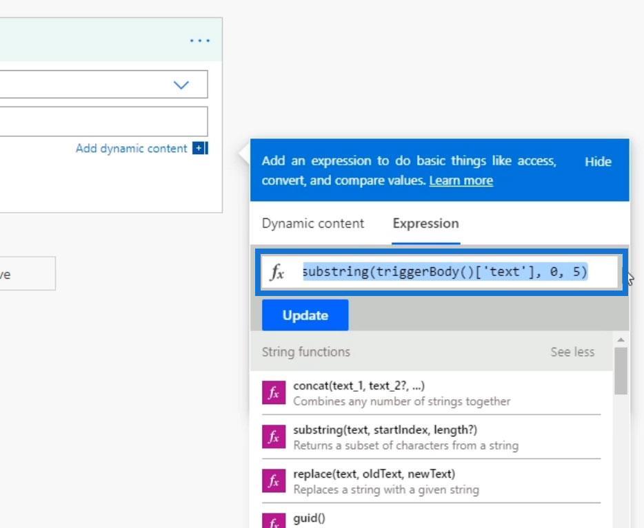 Funciones de cadena de Power Automate: subcadena e índice de