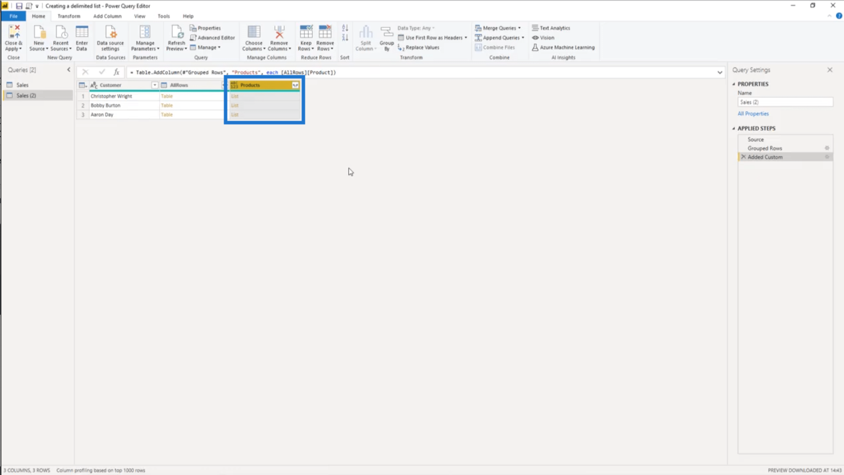 Créer une liste délimitée dans Power Query - Tutoriel de l'éditeur de requête