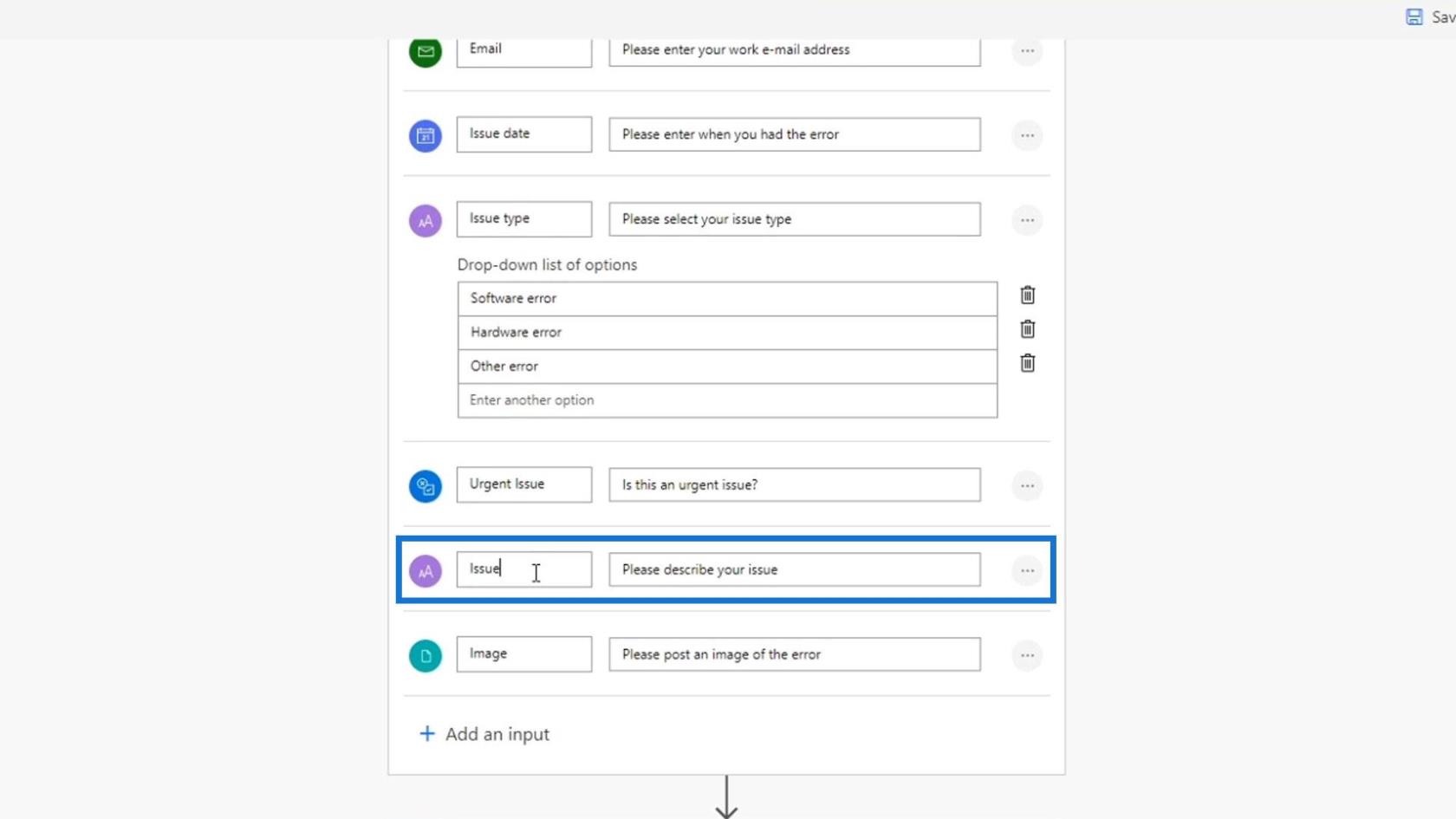 Entradas de fluxo de trabalho no Microsoft Power Automate