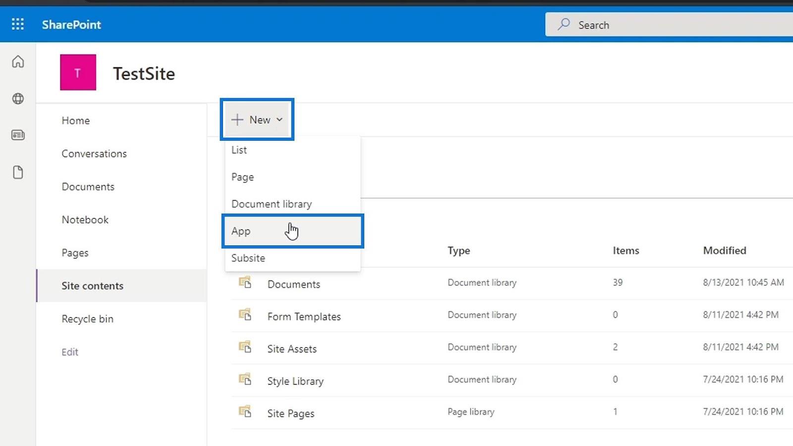 Ajout d'une bibliothèque de documents dans SharePoint