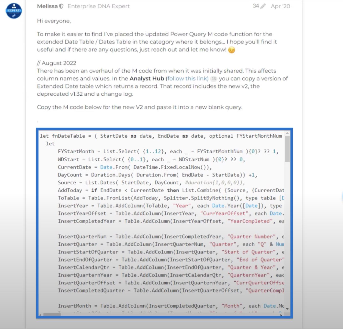 Présentation de la table de dates étendue Power Query V2