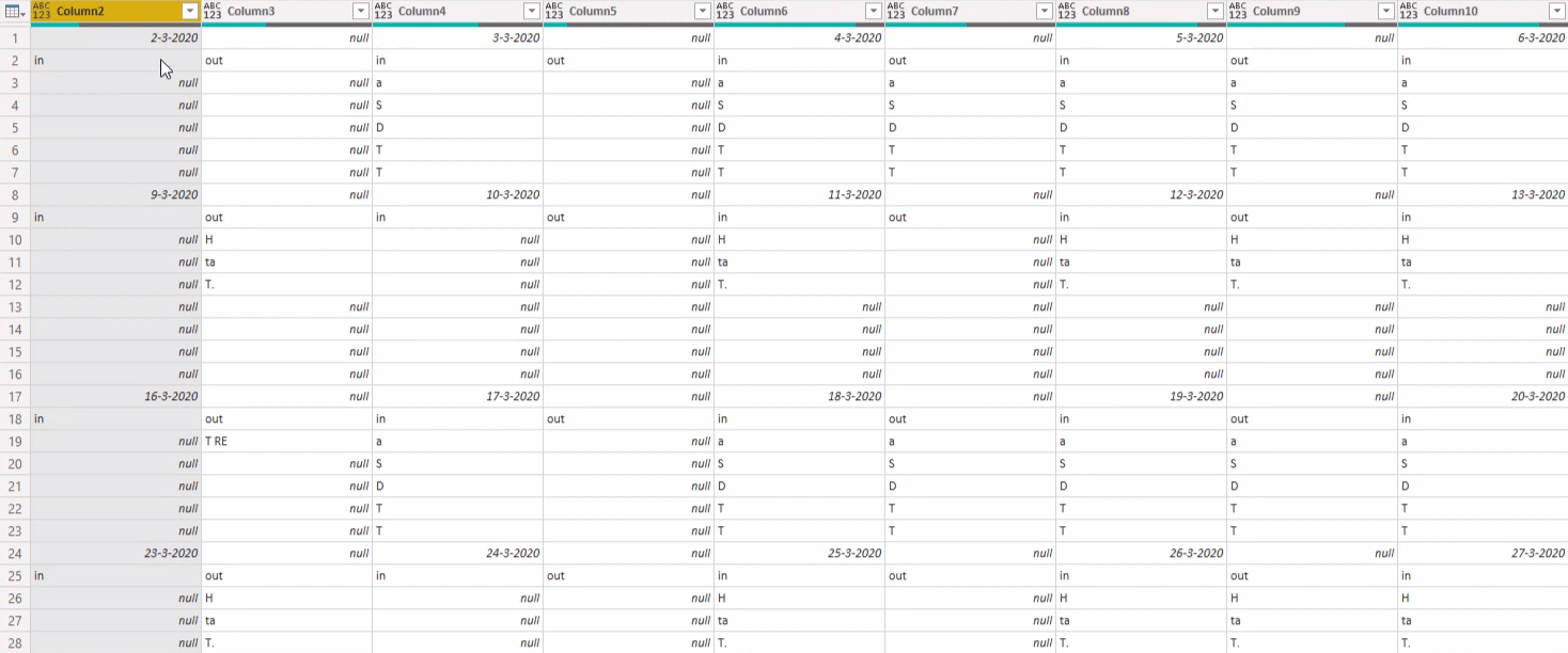 Mises en page du calendrier au format tabulaire à l'aide de Power Query