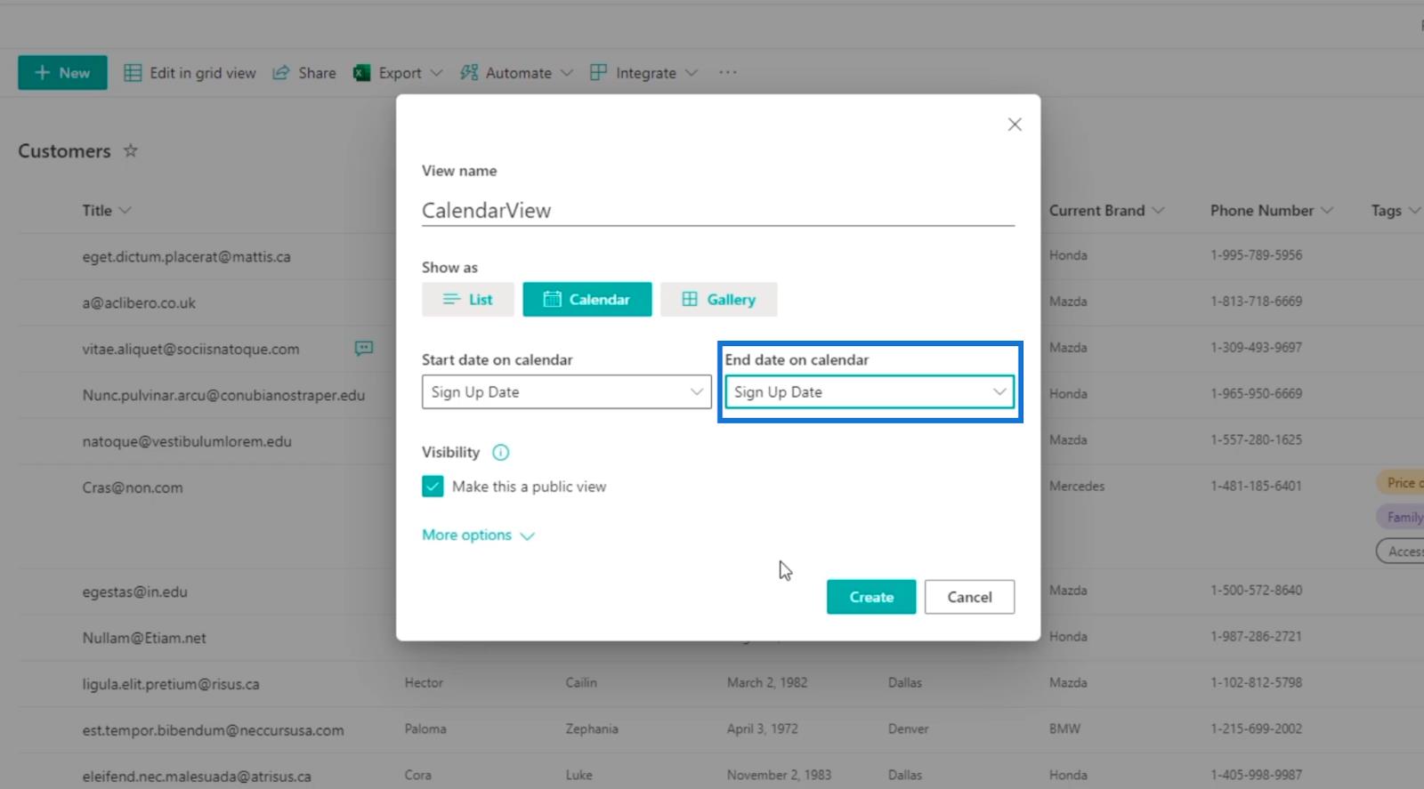 La vue du calendrier de la liste SharePoint