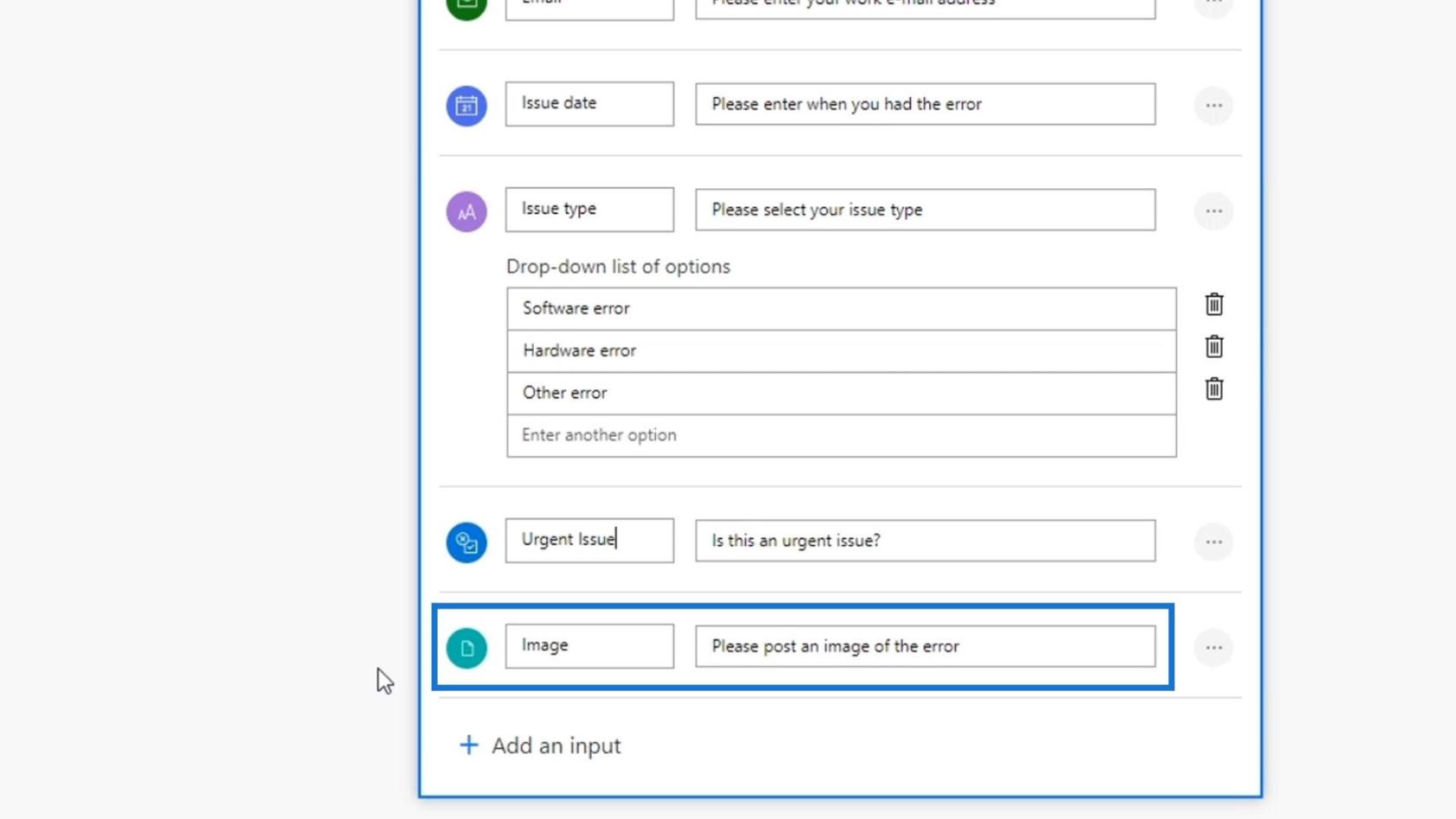 Entradas de fluxo de trabalho no Microsoft Power Automate