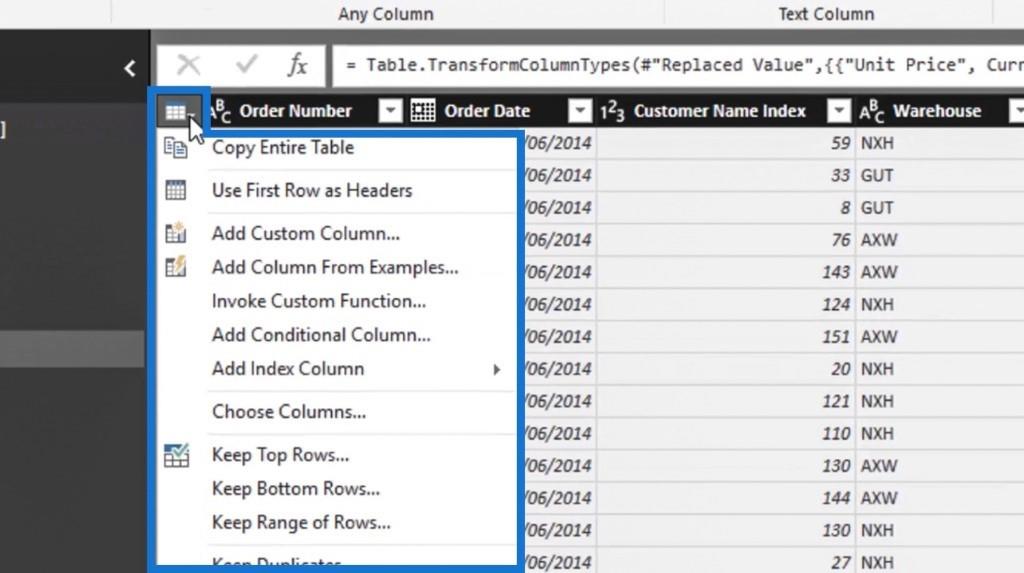 Editor de consultas do LuckyTemplates: transformações de linha e coluna