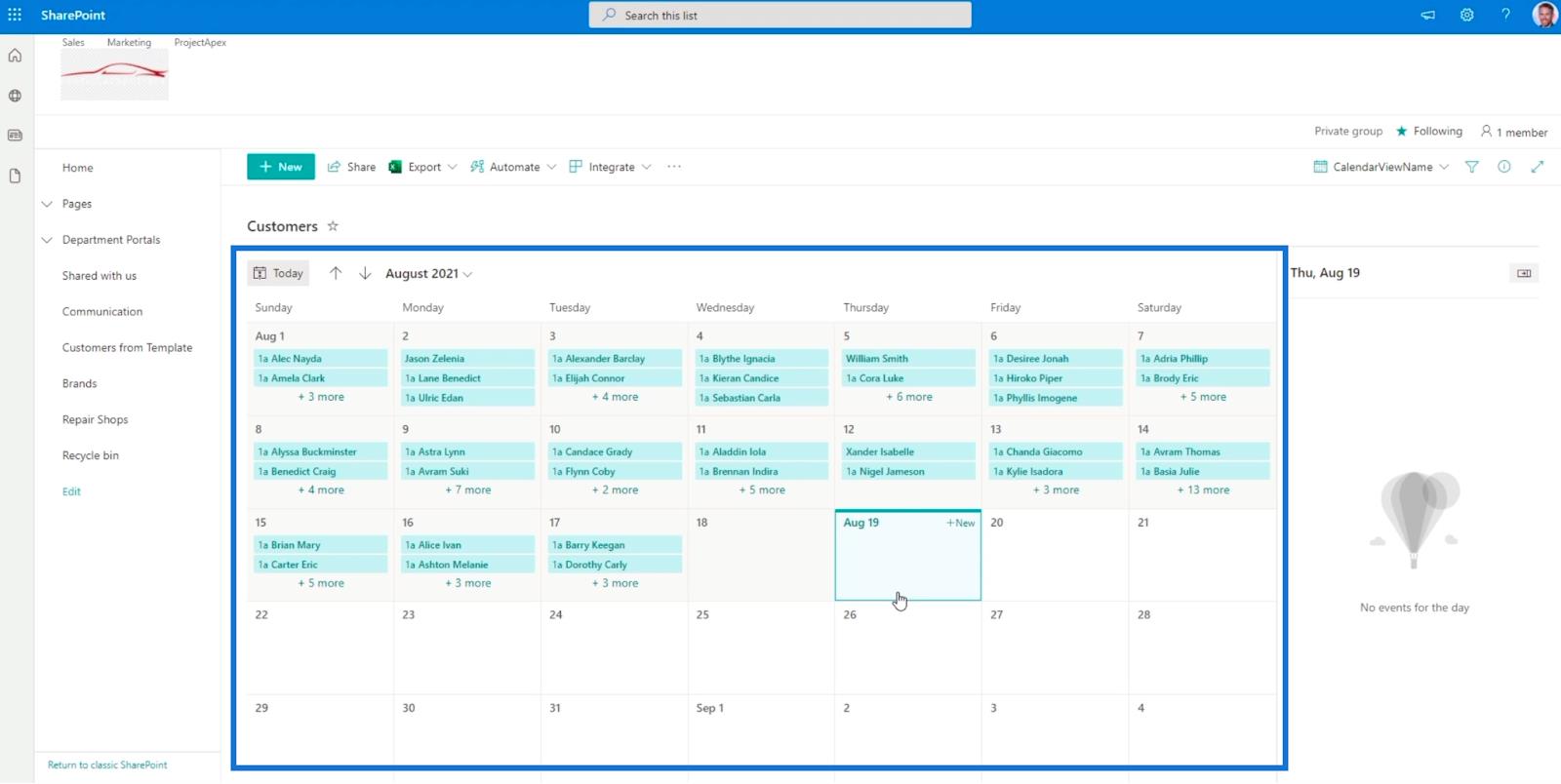 La vue du calendrier de la liste SharePoint