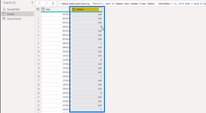 Power Query M : Modèle 0-1 en alternance dans le tableau des dates