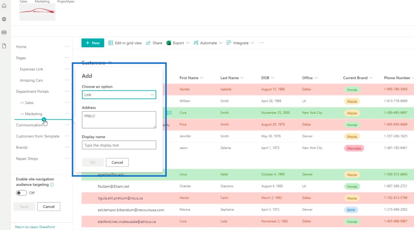 Ajout de la navigation de liste SharePoint