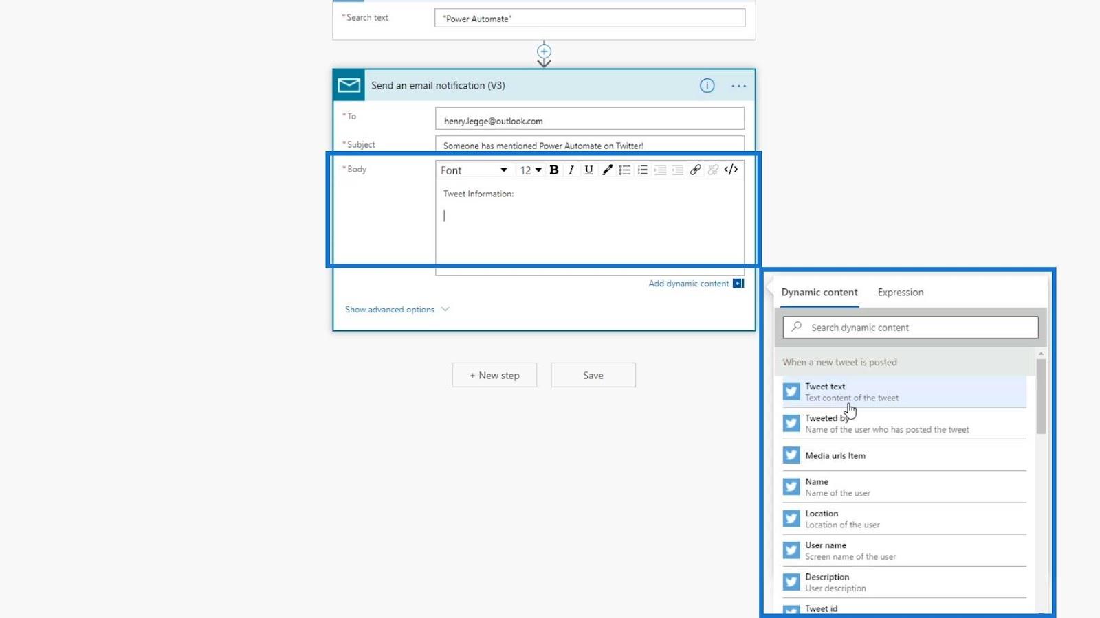 Présentation du contenu dynamique de Power Automate