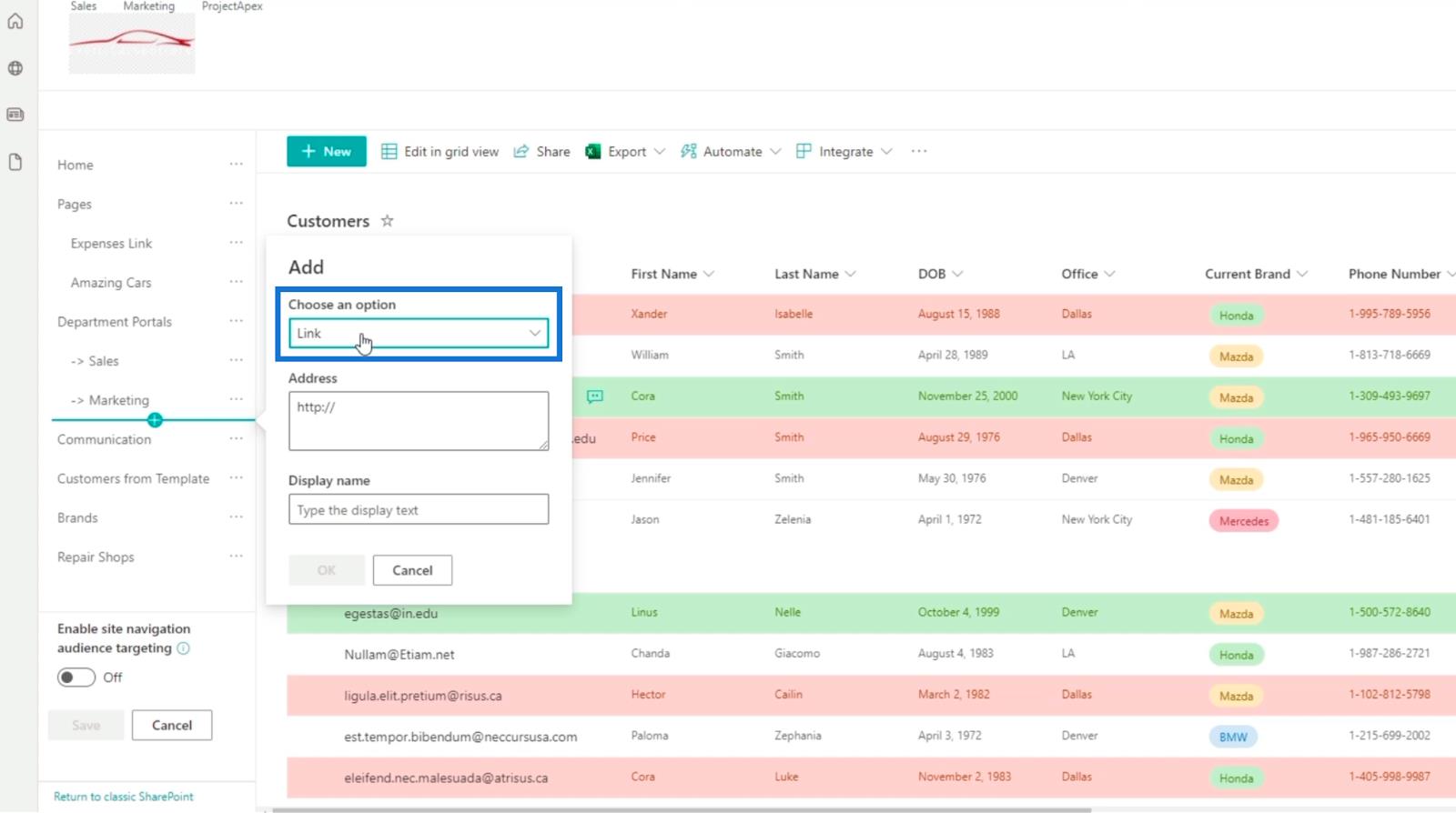 Ajout de la navigation de liste SharePoint