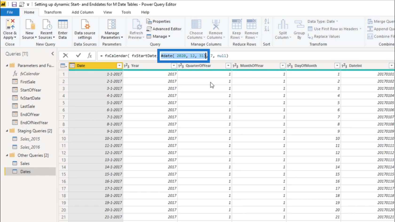 Configuration d'une date de début et d'une date de fin dynamiques pour les tables de dates Power Query