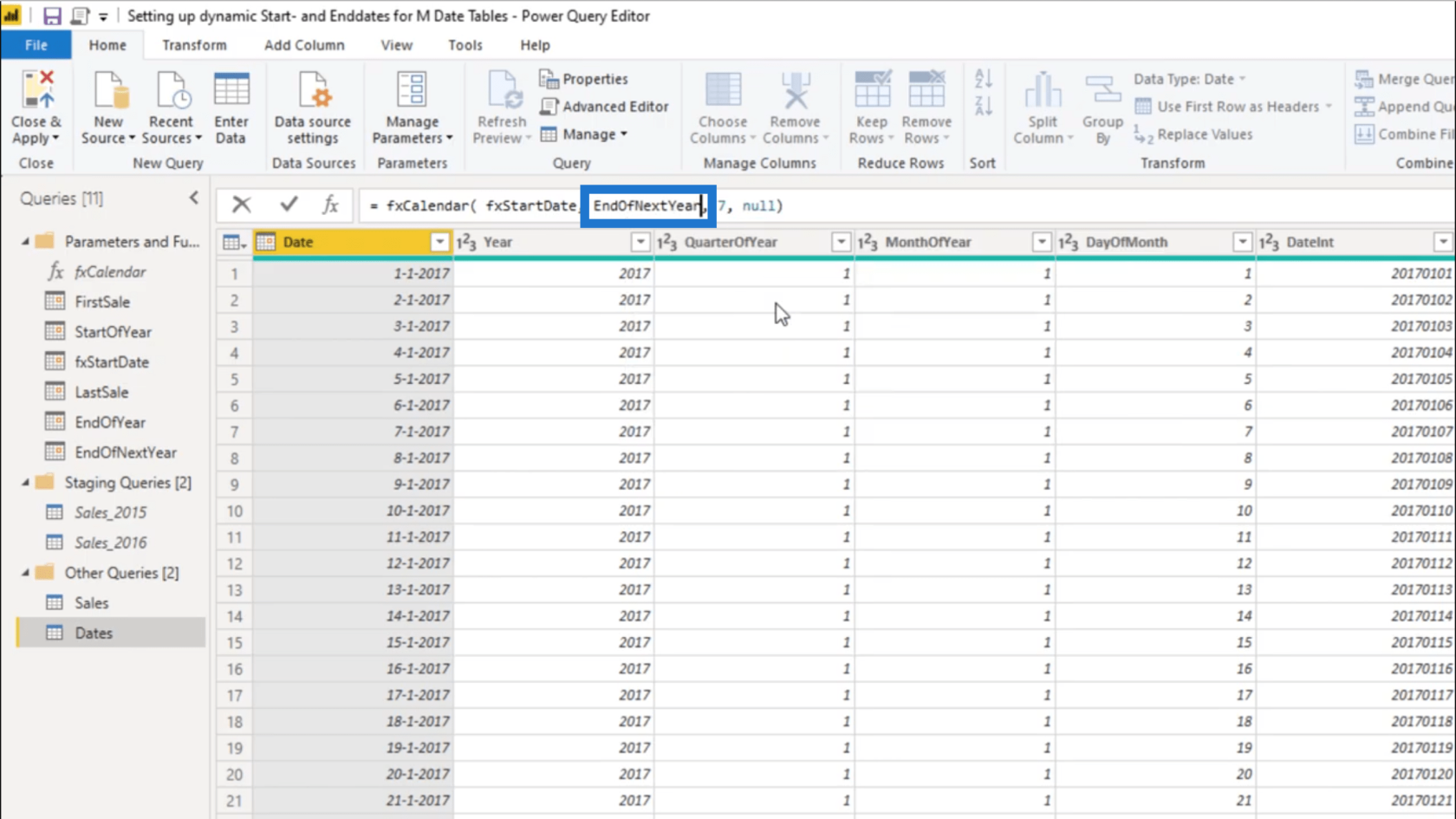 Configuration d'une date de début et d'une date de fin dynamiques pour les tables de dates Power Query