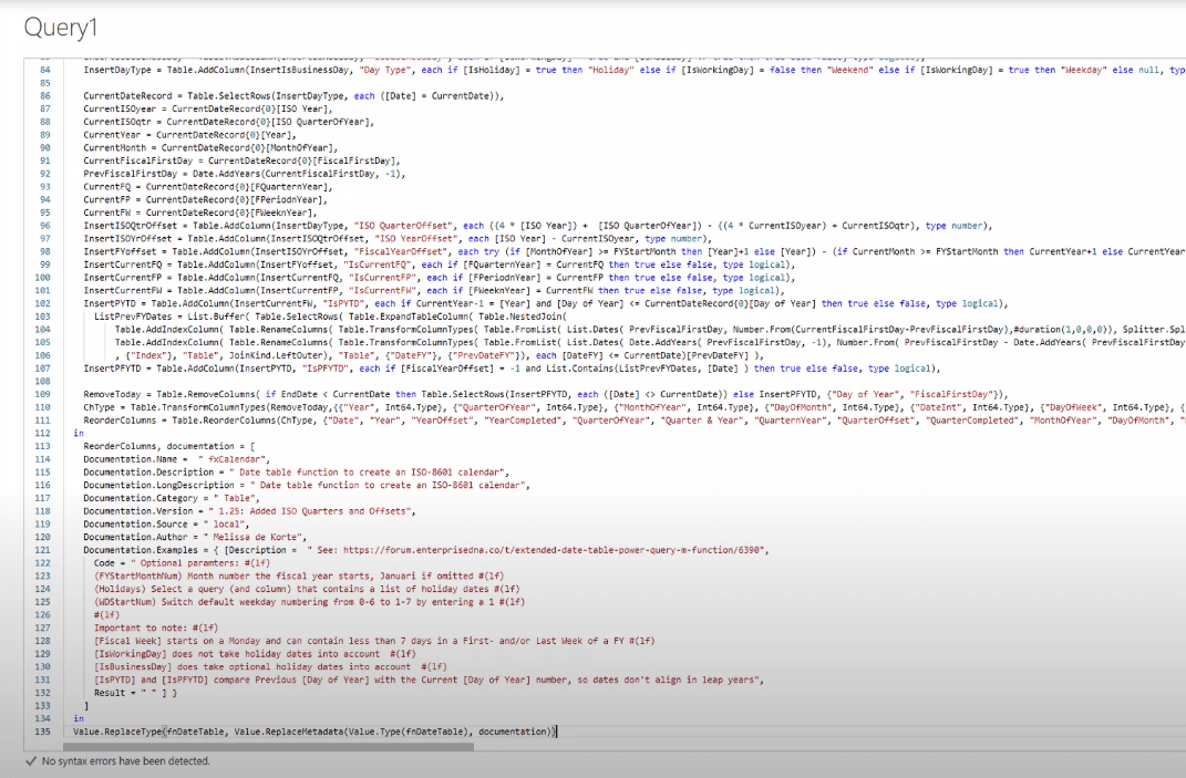 Table de dates étendue Fonction Power Query M