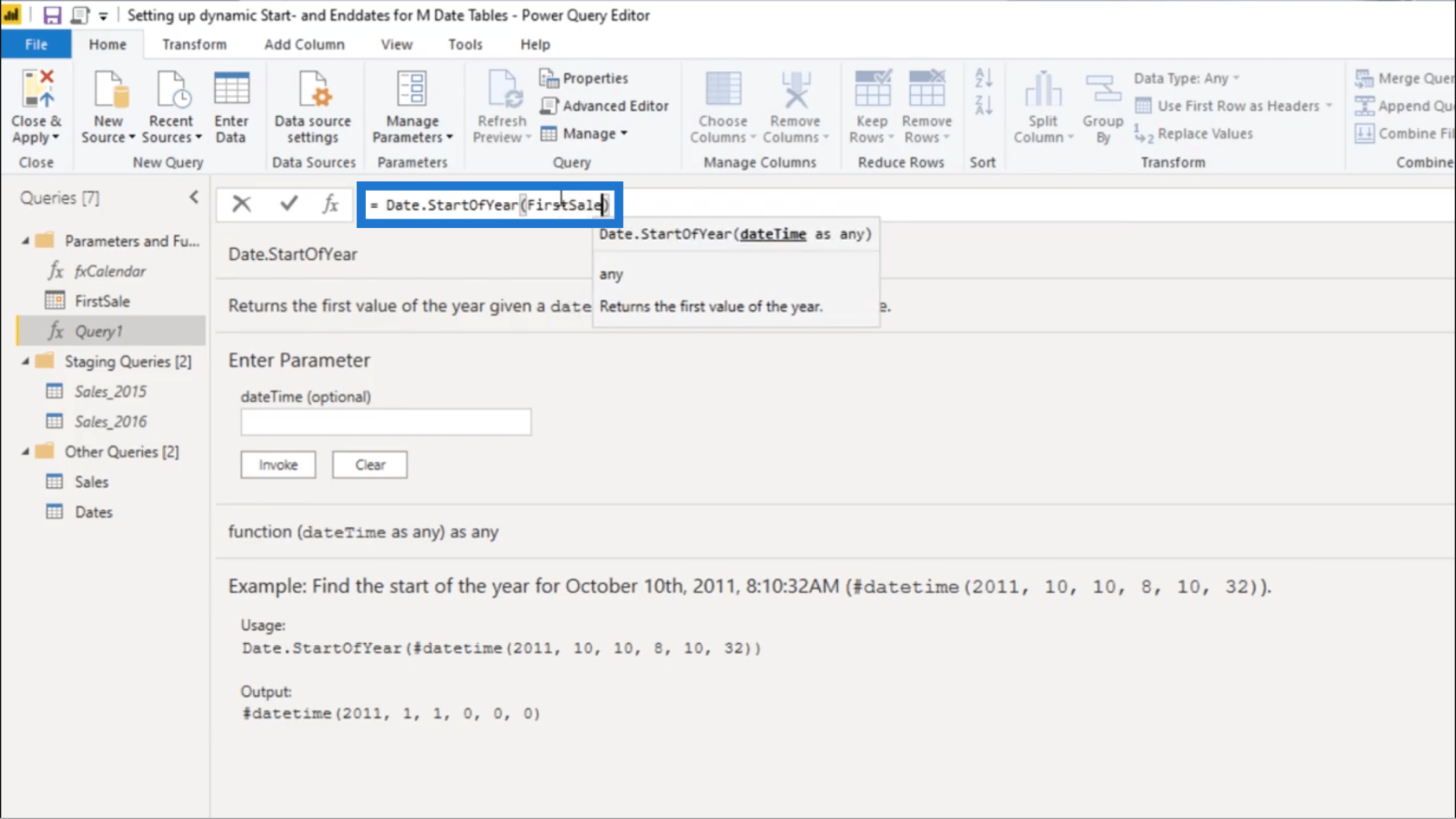 Configuration d'une date de début et d'une date de fin dynamiques pour les tables de dates Power Query