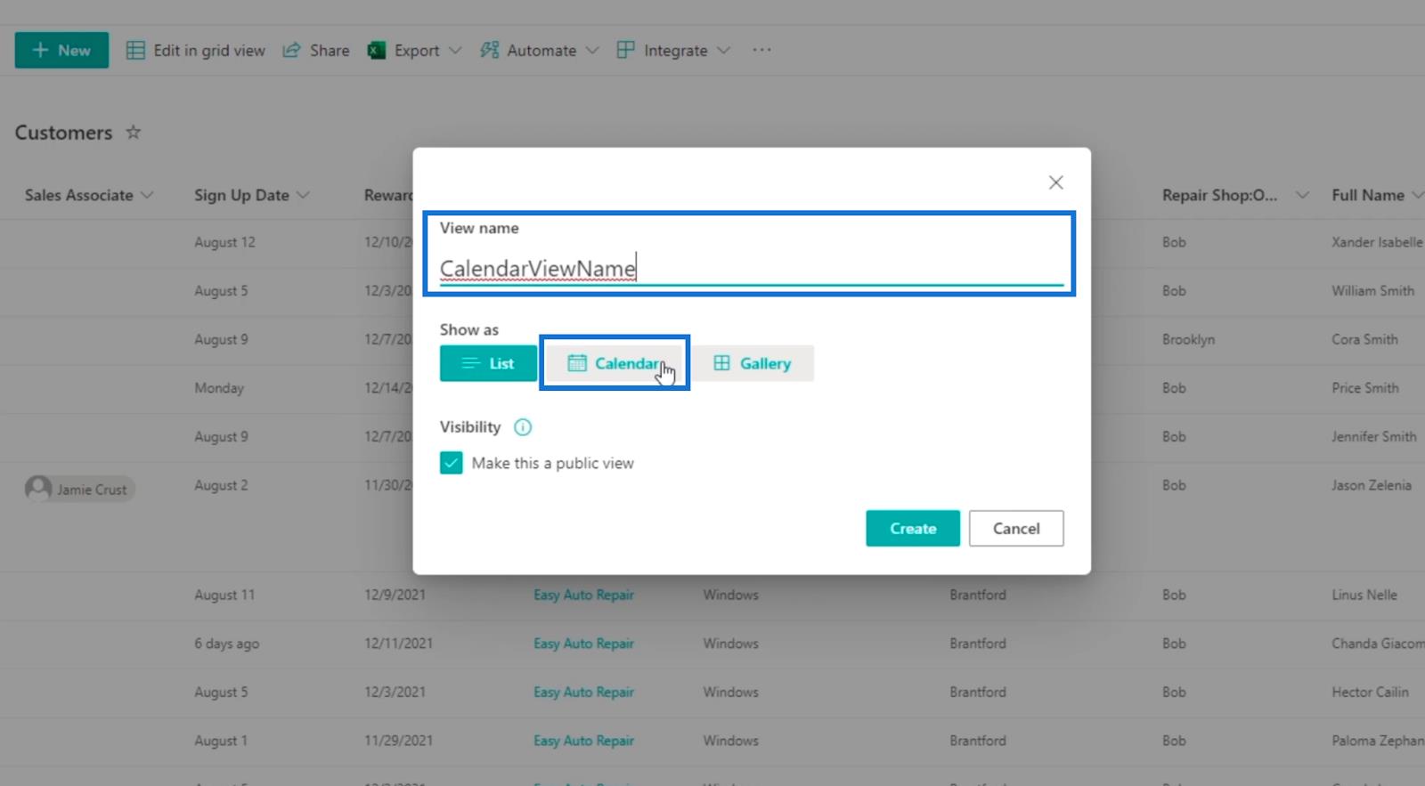 La vue du calendrier de la liste SharePoint