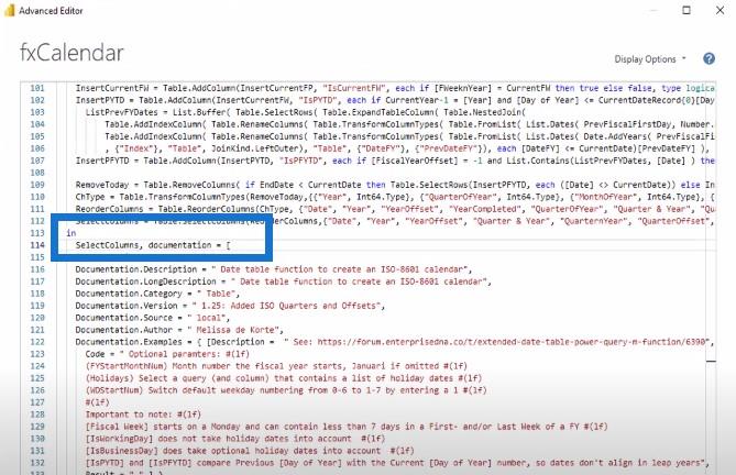 Table de dates étendue Fonction Power Query M