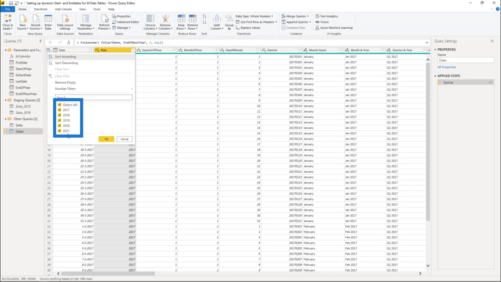 Configuration d'une date de début et d'une date de fin dynamiques pour les tables de dates Power Query