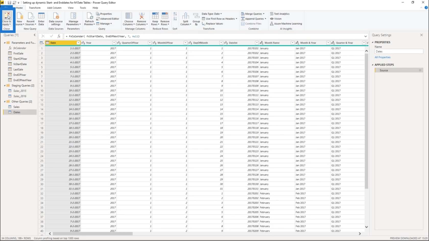 Configuration d'une date de début et d'une date de fin dynamiques pour les tables de dates Power Query