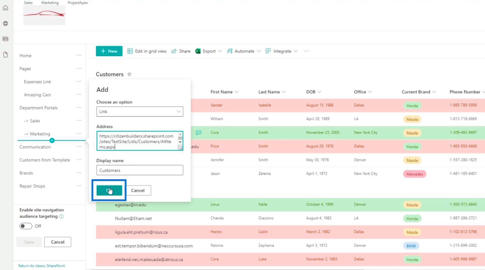 Ajout de la navigation de liste SharePoint