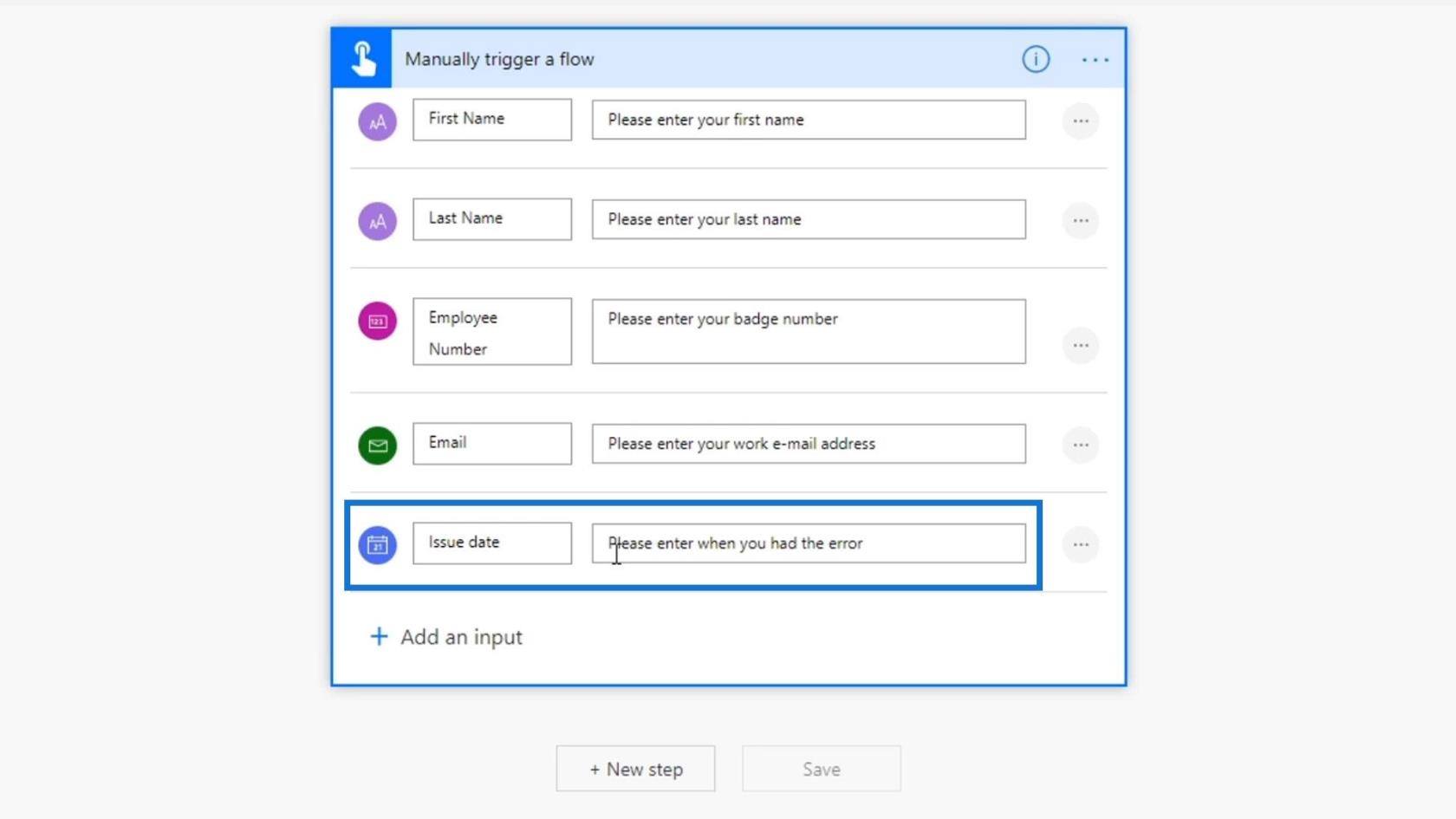 Entradas de fluxo de trabalho no Microsoft Power Automate