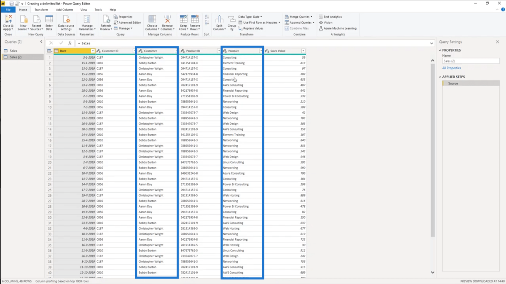 Créer une liste délimitée dans Power Query - Tutoriel de l'éditeur de requête