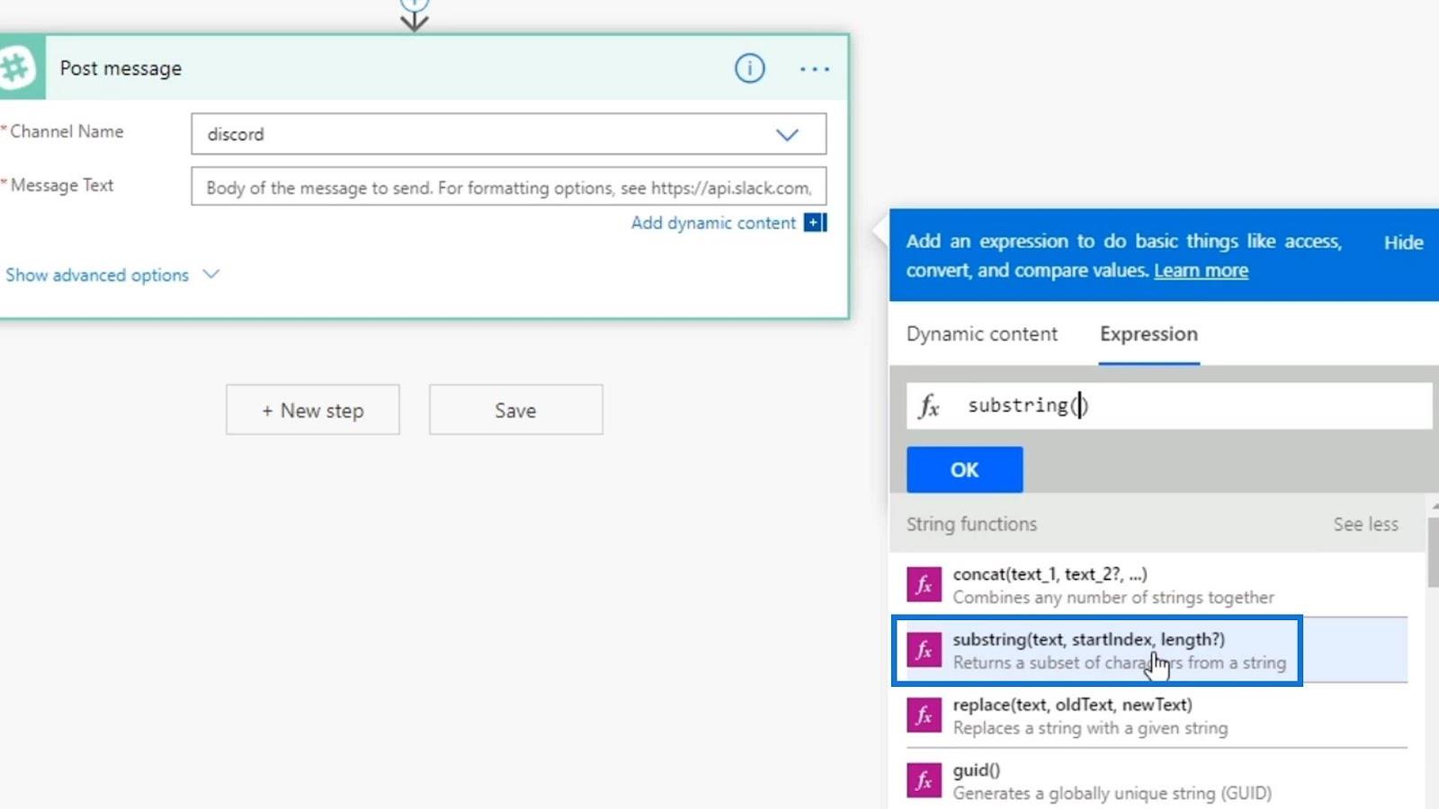 Funciones de cadena de Power Automate: subcadena e índice de