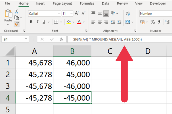 如何在 Excel 中四捨五入到最接近的千位