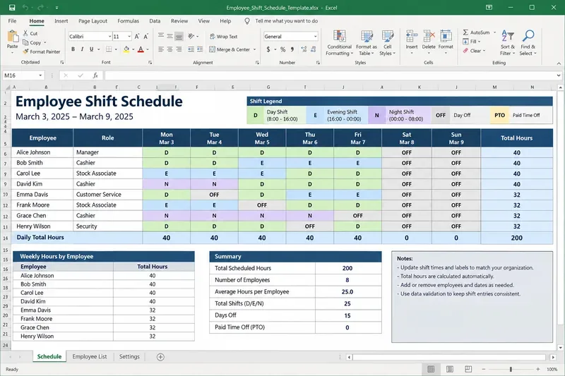 Darmowy szablon harmonogramu zmian pracowniczych dla programu Excel z automatycznym kalkulatorem godzin