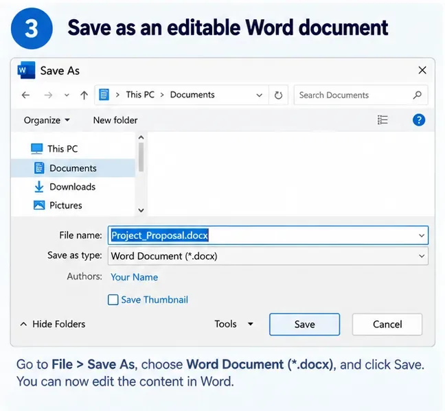 Ilustración generada por IA de guardar un PDF convertido como archivo DOCX de Word