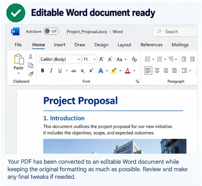 Ilustración generada por IA de un documento de Word editable convertido listo para la verificación final