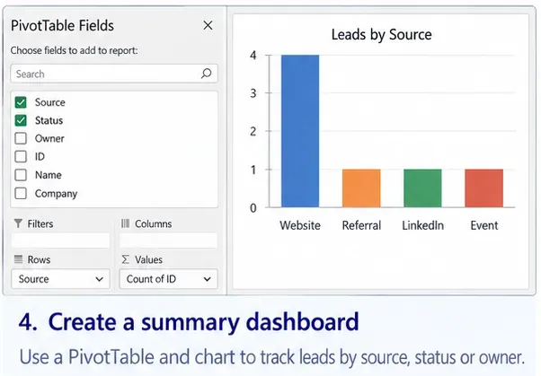 Панель полей сводной таблицы Excel и простая столбчатая диаграмма с заголовком «Лиды по источникам».