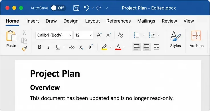 Ilustración generada por IA de un documento editable de Word para Mac después de guardar una copia escribible