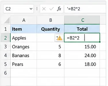 Cellule Excel affichant la formule littérale égale B2 fois 2 au lieu de son résultat numérique calculé