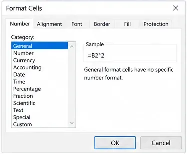 Boîte de dialogue Format de cellule Excel avec le format de nombre Général sélectionné