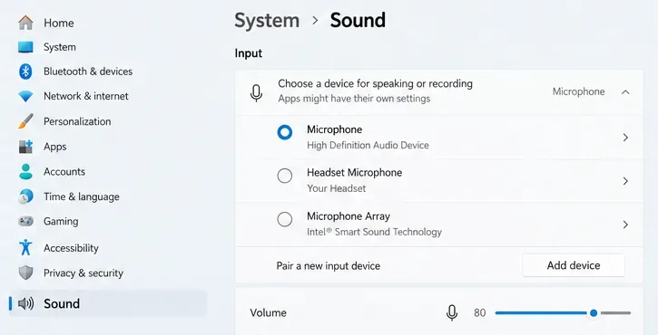 Windows 11 System-Sound-Einstellungen mit mehreren Eingabemikrofonen und einer Eingabelautstärkeregelung