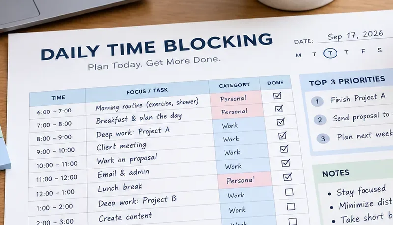 Modèle PDF imprimable de blocage horaire quotidien pour les professionnels du télétravail : Guide pour débutants