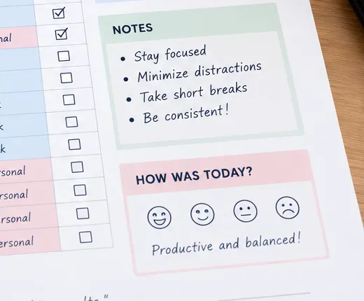 Zone de revue du planificateur quotidien avec des notes sur la concentration, les distractions, les pauses courtes, la cohérence, des cases à cocher et une évaluation simple de fin de journée