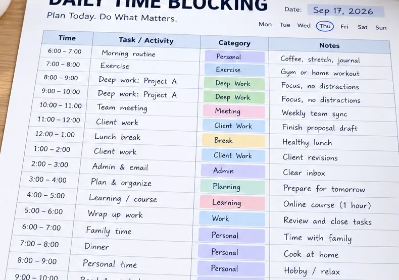 Feuille de blocage horaire quotidien avec des entrées horaires codées par couleur pour le travail profond, une réunion d'équipe, le travail client, le déjeuner, l'administratif, la planification, l'apprentissage et le temps personnel