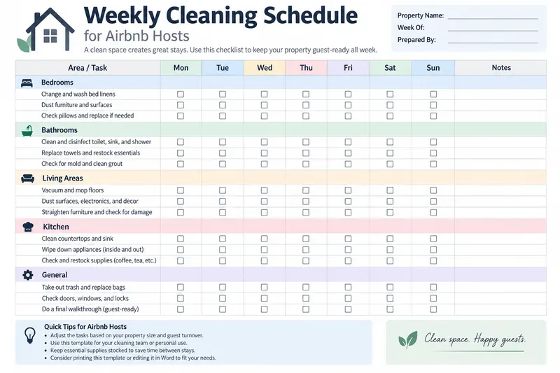 Plantilla imprimible de horario de limpieza semanal para anfitriones de Airbnb (Word y PDF)
